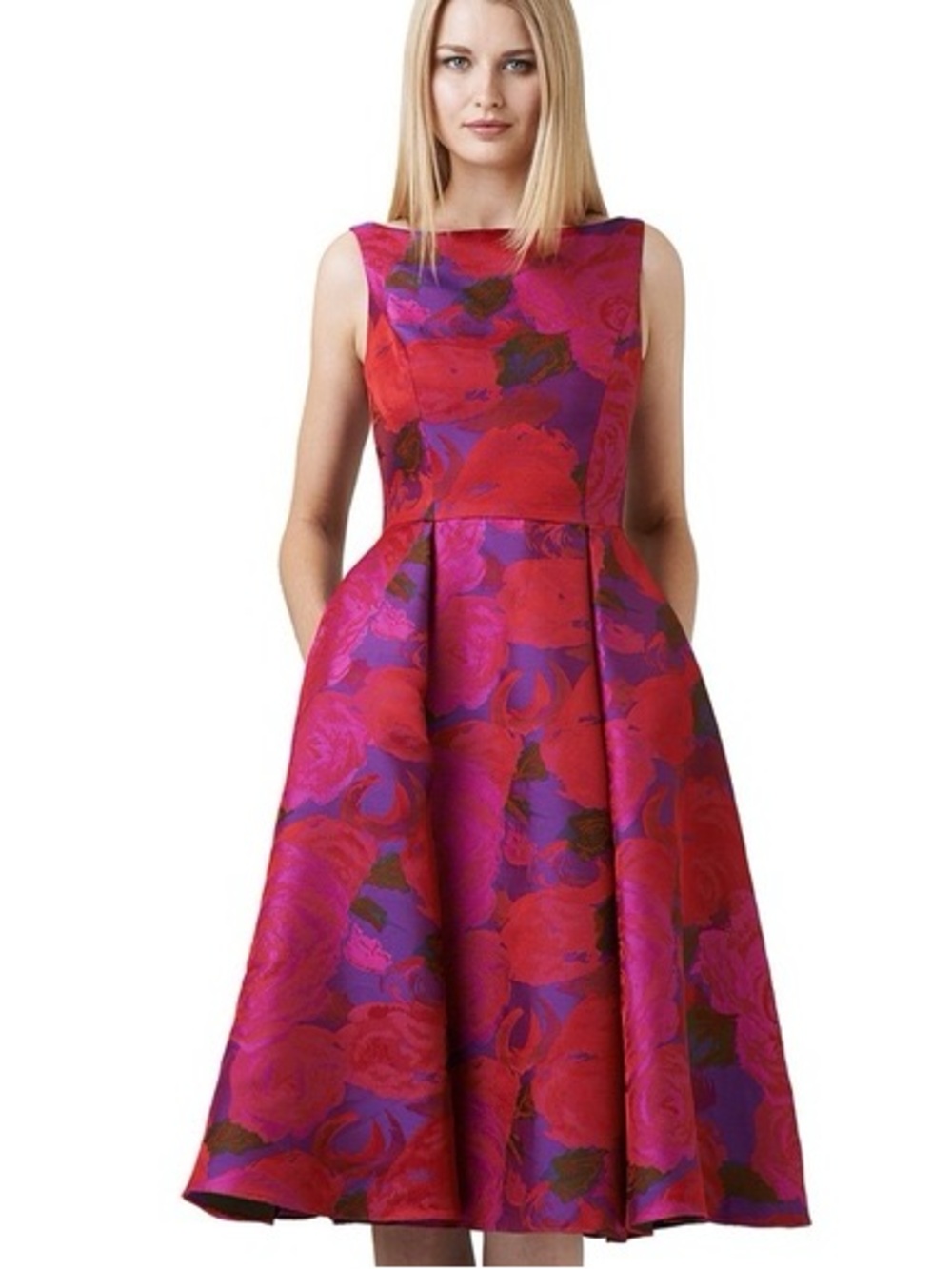 Adrianna Papell Pink Red Floral Jacquard Tea Dress 10
